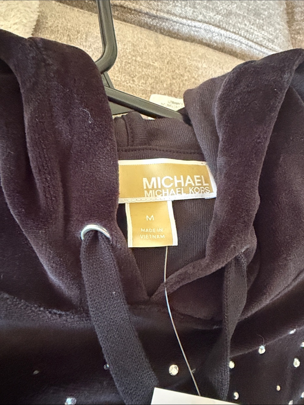 NWT Michael Kors Black Velvet Hoodie with Rhinestone MK Design Size Medium - Picture 4 of 5